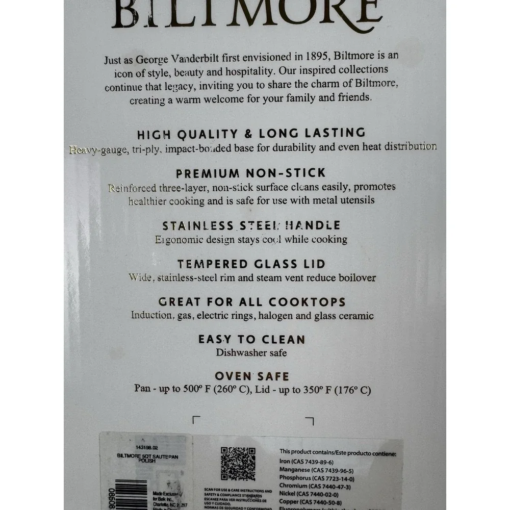 New Biltmore Stainless Steel Non-Stick Saute‎ Pan With Lid 5 Qt Tri-Ply Base